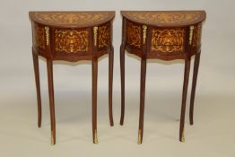 A PAIR OF LOUIS XVITH DESIGN INLAID HALF-MOON BEDSIDE TABLES with two drawers. 2fy 4ins high x 1ft