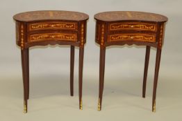 A PAIR OF LOUIS XVITH DESIGN INLAID KIDNEY SHAPED BEDSIDE TABLES with two drawers. 2fy 6ins high x