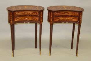 A PAIR OF LOUIS XVITH DESIGN INLAID KIDNEY SHAPED BEDSIDE TABLES with two drawers. 2fy 6ins high x