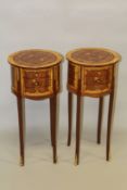 A PAIR OF LOUIS XVITH DESIGN CIRCULAR INLAID BEDSIDE CHESTS with three drawers, on slender legs. 2ft