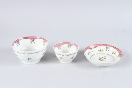A NEW HALL FAMILLE ROSE BOWL, 4.5ins diameter, and a tea bowl and saucer, 3ins diameter.