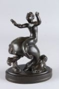 A SWEDISH BRONZE GROUP, boy riding a dolphin. Signed 1914 - 1954. 9ins high.