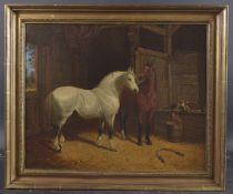 JOHN FREDERICK HERRING SENIOR (BRITISH 1795-1865) Grey and chestnut horses in a stable, oil on
