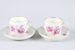 TWO BERLIN FAMILLE ROSE CUPS AND SAUCERS. Sceptre mark in blue.