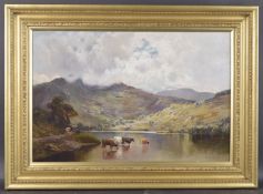 ALFRED DE BREANSKI SNR (1852-1928) Mountain landscape with cattle watering, oil on canvas, signed,