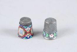 TWO RUSSIAN SILVER AND CLOISONNE ENAMEL THIMBLES.