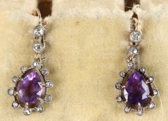 A PAIR OF GOLD, AMETHYST AND DIAMOND PEAR SHAPED DROP EAR STUDS, in a fitted case.