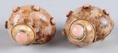 A PAIR OF 14CT GOLD AND SHELL EARRINGS.