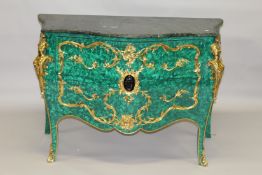 A SUPERB LOUIS XVITH FAUX MALACHITE MARBLE TOP COMMODE with three drawers, rich gilt mounts, on