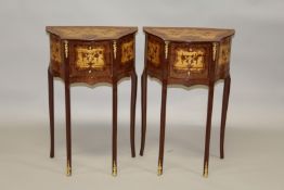 A PAIR OF LOUIS XVITH DESIGN INLAID THREE DRAWER CHESTS. 2ft 4ins high x 1ft 6ins wide.
