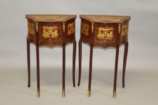 A PAIR OF LOUIS XVITH DESIGN INLAID THREE DRAWER CHESTS. 2ft 4ins high x 1ft 6ins wide.