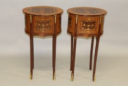 A PAIR OF LOUIS XVITH DESIGN OVAL INLAID BEDSIDE CHESTS with three drawers, on slender legs. 2ft
