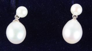 A PAIR OF WHITE GOLD AND PEARL DROP EARRINGS.