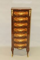 A LOUIS XVITH DESIGN SEVEN DRAWER MARQUETRY TALL SQUARE CHEST. 4ft 4ins high x 1ft 6ins wide.