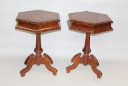 A PAIR OF OCTAGONAL MAHOGANY TABLES on centre pillar and tripod legs. 1ft 8ins wide x 2ft 6ins