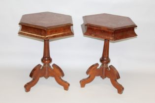 A PAIR OF OCTAGONAL MAHOGANY TABLES on centre pillar and tripod legs. 1ft 8ins wide x 2ft 6ins