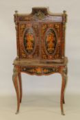A GOOD MARQUETRY INLAID CABINET ON STAND, the top with double panel doors over a base with long