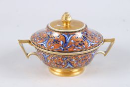 A VERY GOOD BLUE AND GILT ECUELLE AND COVER with pineapply finial.