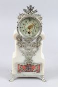 A VERY GOOD RUSSIAN SILVER AND HARDSTONE CLOCK inset with diamonds, on four claw feet. 10ins high.