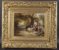 THOMAS FALCON MARSHALL (1818-1878) Country lane with a woman and children feeding animals at a