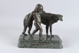 A GOOD 1920'S BRONZE GROUP, a young nude boy and a bronze dog on a marble base. 11ins high x 10.5ins