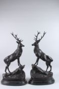 AFTER JULES MOIGNIEZ. A GOOD PAIR OF BRONZE STAGS on rocky bases. Signed. 28ins high.