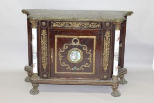 A LOUIS XVITH MARBLE TOP COMMODE with white porcelain column sides. 4ft 2ins long x 2ft 10ins high.