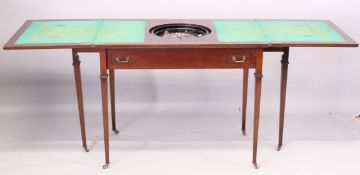 AN EARLY / MID 20TH CENTURY MAHOGANY ROULETTE TABLE, with bi-fold top opening to reveal a roulette
