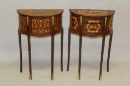 A PAIR OF LOUIS XVITH DESIGN DEMI-LUNE INLAID BEDSIDE CHESTS with three drawers, on slender legs.