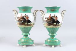 A PAIR OF SEVRES STYLE URN SHAPED TWO HANDLED VASES, painted with hunting scenes. 15ins high.