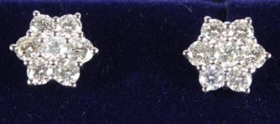 A PAIR OF PLATINUM AND DIAMOND CLUSTER EAR STUDS, approx. 2.6cts.