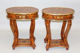 A GOOD PAIR OF LOUIS XVITH DESIGN MARQUETRY OVAL TABLES with single drawers, on curving legs with