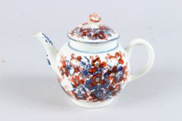 A FIRST PERIOD WORCESTER GLOBULAR TEAPOT, clobbered Mansfield pattern. Circa 1775.