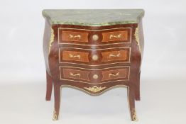 A SMALL LOUIS XVITH STYLE MARBLE TOP THREE DRAWER COMMODE on curving legs. 2ft 8ins wide x 2ft