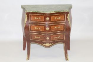 A SMALL LOUIS XVITH STYLE MARBLE TOP THREE DRAWER COMMODE on curving legs. 2ft 8ins wide x 2ft
