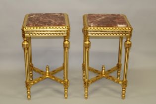 A PAIR OF LOUIS XVITH DESIGN GILTWOOD SQUARE MARBLE TOP TABLES. 2ft 4ins high x 1ft 3ins square.