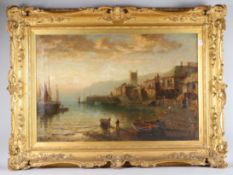 19TH CENTURY ENGLISH SCHOOL. A NORTH OF ENGLAND SLEEPY HARBOUR SCENE with figures rowing and fishing