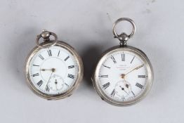 TWO SILVER CASED POCKET WATCHES.