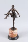 AFTER D. ALONZO. A bronze dancing girl, on a marble base. Signed. 14ins high.