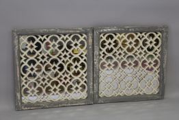 A PAIR OF GREY PAINTED SQUARE GARDEN MIRRORS. 2ft x 2ft.