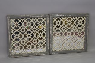 A PAIR OF GREY PAINTED SQUARE GARDEN MIRRORS. 2ft x 2ft.