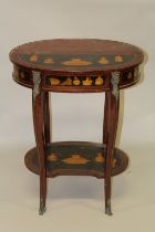 AN OVAL INLAID TWO TIER TABLE on curving legs. 2ft wide x 2ft 6ins high.