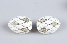 A VERY GOOD PAIR OF WHITE ENAMEL AND DIAMOND EAR CLIPS.