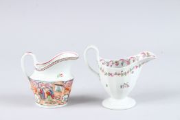 TWO NEW HALL CREAM JUGS, one with Chinese figures, the other with flowers.