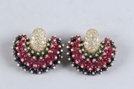 A SUPERB PAIR OF DIAMOND, RUBY AND SAPPHIRE PEACOCK EARRINGS.