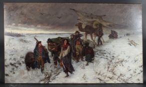 ATTRIBUTED TO ALFRED VON WIERUSZ-KOWALSKI The Travelling Circus, oil on canvas, 81.5cms x 141cms.