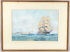 FRANK H MASON (1875-1965) Three mast clipper in full sail off a headland, watercolour, signed,