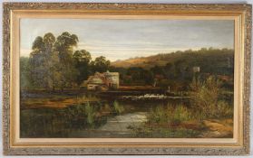 ALLAN (19TH CENTURY) Landscape with figures and mill pond, oil on canvas, signed, 59cm x 105cm