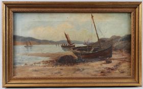 JOHN D. TAYLOR (act.1876-1890) Beached boat, oil on canvas, signed, 29.5cm x 54.5cm