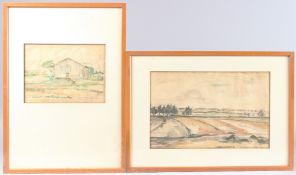 GERMAN SCHOOL (EARLY 20TH CENTURY) Landscape with open fields, watercolour and charcoal, signed